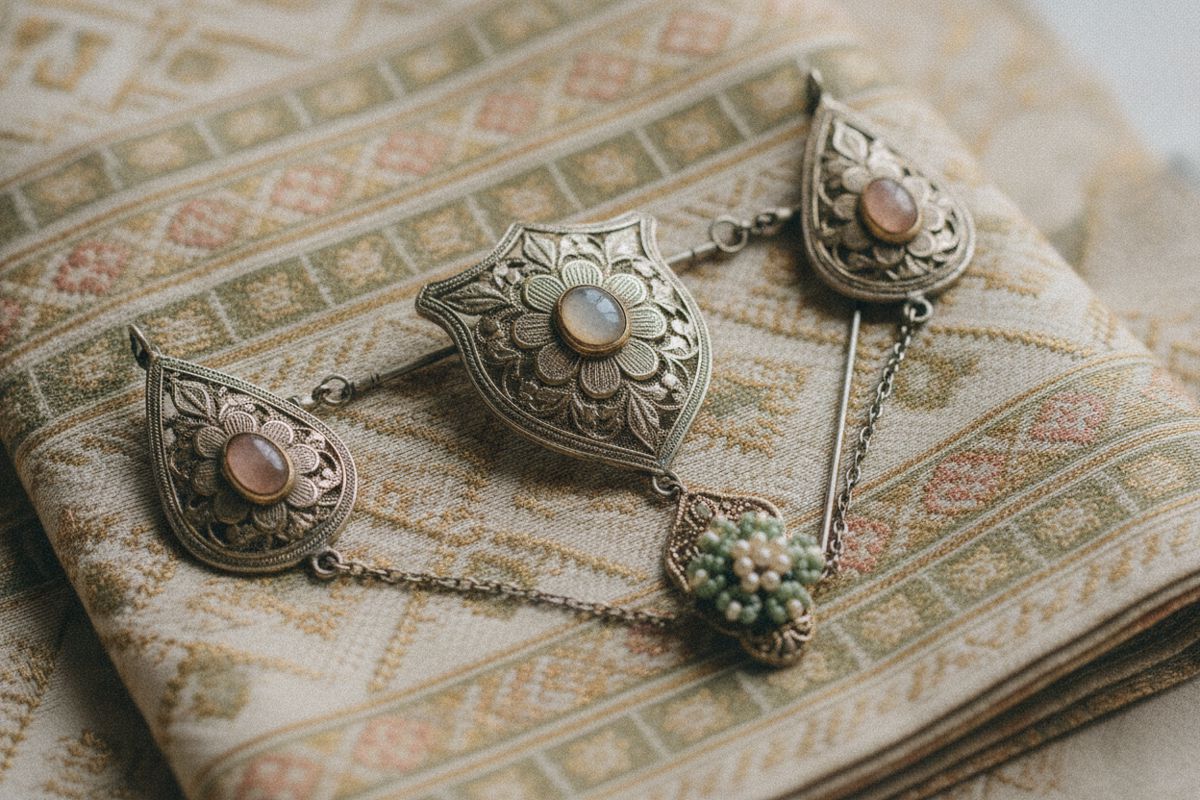 Set kerongsang tradisional di atas kain bersulam