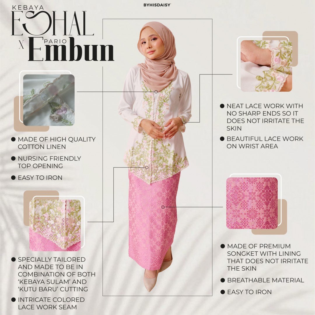 (SET) Kebaya Eshal White X Pario Embun Pink (FREE SHIPPING)